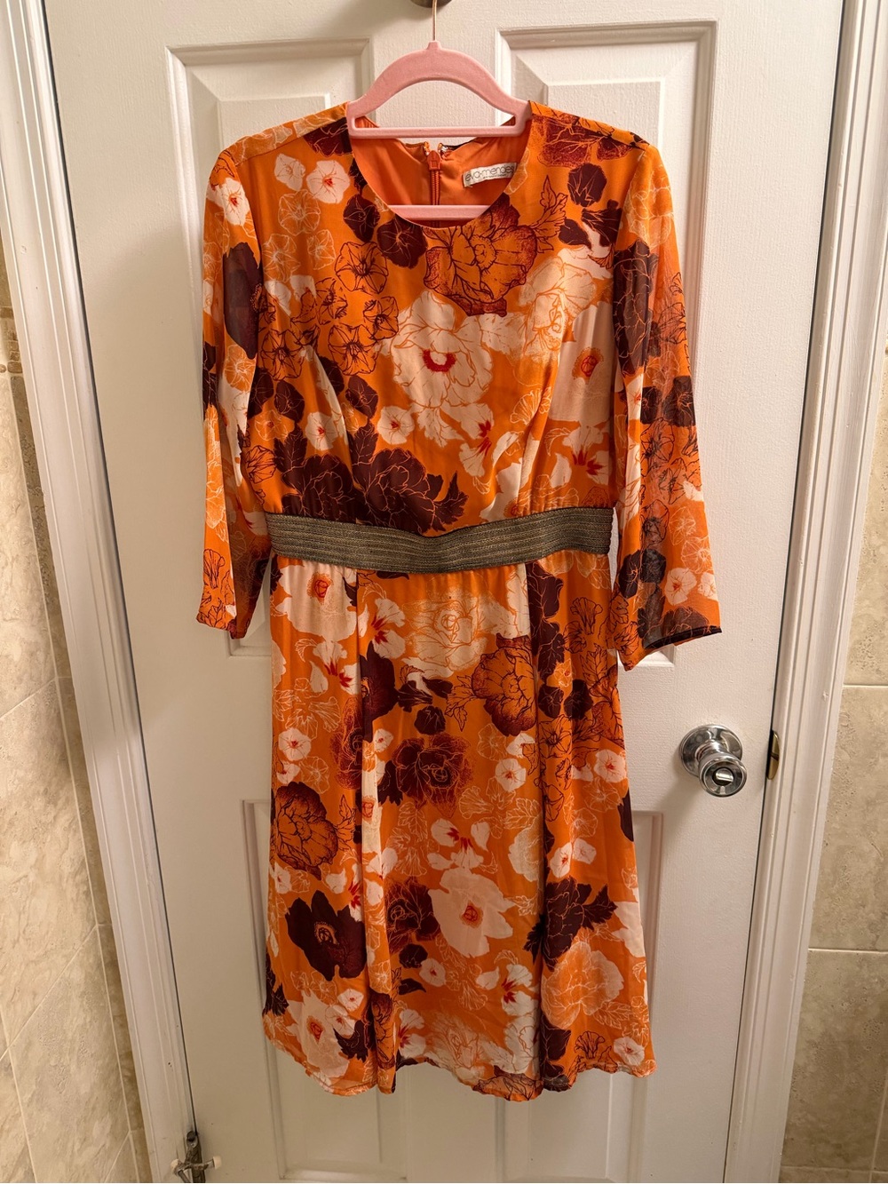 Eva Mendes Women's Orange Floral Long Sleeve Dress with Waist Detail
